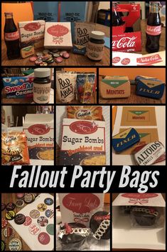 various pictures of different types of food and drinks on display with the words falout party bags