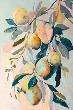 a painting of peaches and leaves on a branch with pastel colors in the background