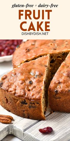 A half-sliced gluten-free fruit cake on wooden board Gluten Free Fruit Cake, Quick And Easy Sweet Treats, Fancy Desserts Recipes, Impressive Desserts, Free Fruit, Crunchy Pecans, Chocolate Dessert Recipes, Fancy Desserts, Baked Dessert Recipes