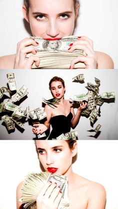 a woman holding money in front of her face and the other side of her face