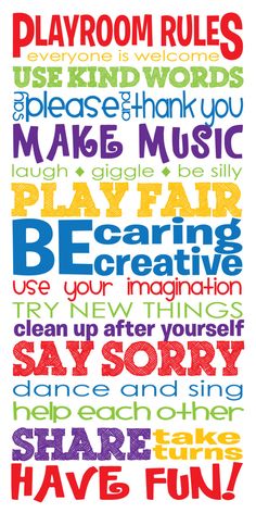 a poster with the words playroom rules in different colors and font, including an image of