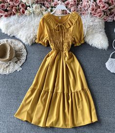 Cute A line short dress fashion dress Fabric: fabric Color: black, red, blue, yellow Size(cm): free size length 105 bust 64-106 waist 60-92 Yellow A-line Midi Dress With Ruffles, Elegant Yellow Fit And Flare Dress, Trendy A-line Dress With Ruffles, Knee-length Sundress In Solid Color, Solid Color Knee-length Sundress, Yellow A-line Midi Dress Solid Color, Yellow A-line Mini Dress With Ruffles, Yellow Short Sleeve Solid Midi Dress, Yellow Solid Color A-line Midi Dress