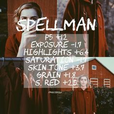 a woman standing in front of a red barn with the words spellman on it