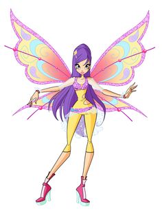 a cartoon fairy with purple hair and yellow outfit, standing in front of a white background