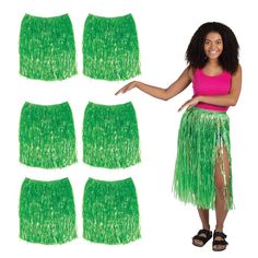 a woman in a green skirt with six pieces of grass on the bottom and one side