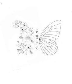 a drawing of a butterfly and flowers on a white background