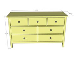 an image of a yellow dresser with measurements for the top drawer and bottom drawer on it