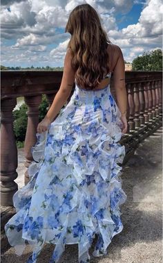 F00254154-105 Blue Floral Prom Dress, Floral Prom Dress Long, Floral Prom Dress, Stile Boho Chic, Blossom Dress, Strapless Evening Dress, Floral Prom Dresses, Backless Evening Dress, Spaghetti Strap Prom Dress