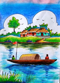 a drawing of people in a small boat on the water with houses and trees behind them