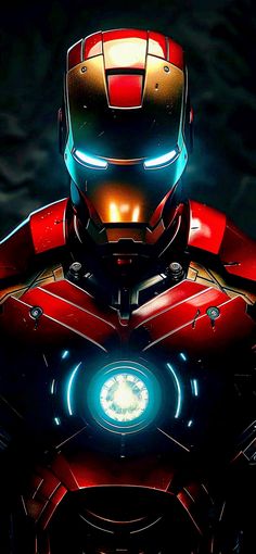 the iron man suit is shown with glowing eyes and head lights on it's chest