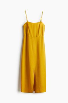 Fitted  calf-length dress in woven fabric. Adjustable  extra-narrow shoulder straps  square neckline  opening at back with narrow ties  and a concealed zipper at one side. Straight-cut hem with a slit at front. Unlined. Calf Length Dress, Square Necklines, Straight Cut, Mustard Yellow, Square Neckline, Woven Fabric, Shoulder Straps, Mustard, Slip Dress