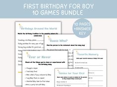 the first birthday for boy 10 games bundle is shown in three different colors and font