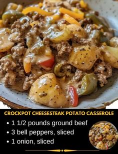 the recipe for crockpot cheesesteak potato casserole is shown here