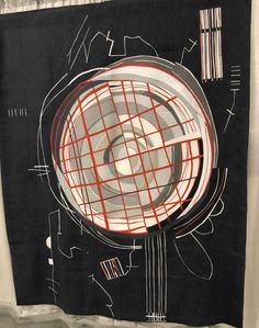 a black and white painting with red lines on the bottom, in front of a curtain