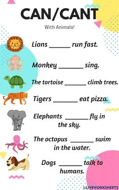 the animals and their names are shown in this printable worksheet for kids