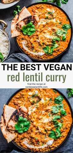 the best vegan red lentil curry in a skillet with rice and cilantro