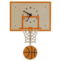 a clock that is on the side of a basketball hoop with a basketball in it