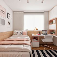 a bedroom with a bed, desk and chair in it