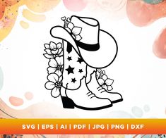 a cowboy boot with flowers and stars on it is in the middle of a watercolor background