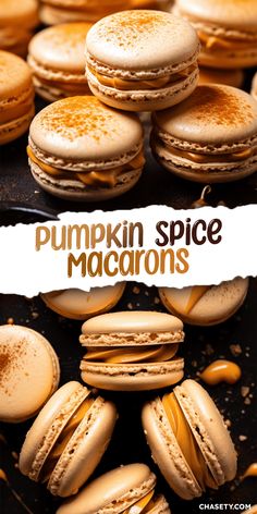 pumpkin spice macaroons are stacked on top of each other with the words, pumpkin spice macaroons