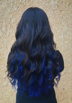 Peak A Boo Blue Hair Color, Dark Hair With Blue Peekaboo, Black Hair With Dark Blue Underneath, Dark Brown Hair With Blue Tips, Black And Blue Hair Underneath, Black With Blue Underneath Hair, Blue Hair Dye Underneath, Blue Hair Split Dye, Hair Color Ideas For Brunettes Blue