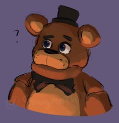 a brown teddy bear wearing a top hat and bow tie with eyes wide open in front of a purple background