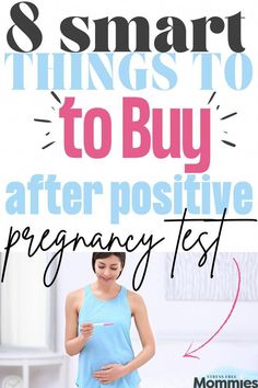 a pregnant woman looking at her belly with the text 8 smart things to buy after positive pregnancy