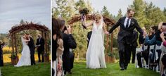 a bride and groom walking down the aisle after their wedding ceremony at an outdoor venue