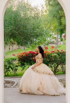 a woman in a ball gown sitting on the ground near bushes and trees with red flowers