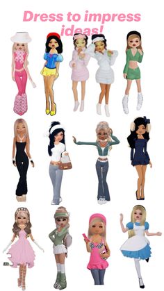 many dolls are shown in different poses and sizes, with the words dress to impress idea