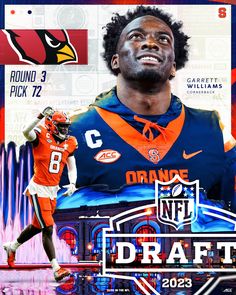 a football player with an orange and blue uniform is in front of a stadium poster