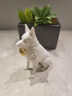 a small white dog figurine sitting next to a potted succulent plant