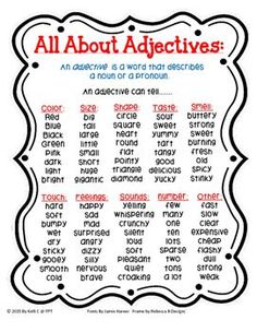 an all about adjective poster with the words in red and black on it