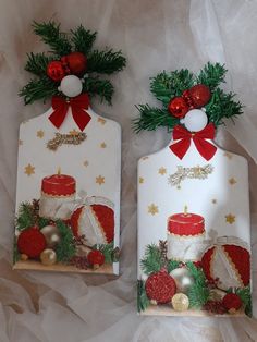 two christmas themed tags with candles and ornaments