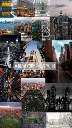 the new york city skyline collage is shown in black and white, with many different buildings