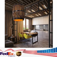 an image of a dining room and kitchen with the american flag on the wall behind it