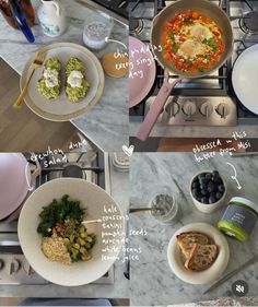 four pictures showing different types of food being prepared in bowls and pans on the stove