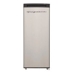 a silver refrigerator freezer sitting on top of a white wall