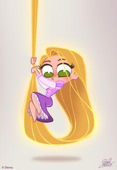 a cartoon character with long blonde hair and green eyes holding on to a yellow pole