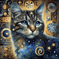 a painting of a cat with blue eyes and stars on it's face, in front of a gold background