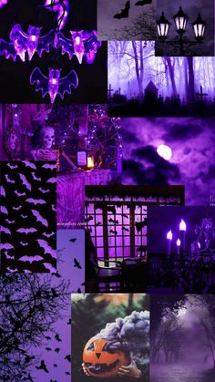 a collage of halloween images with bats, pumpkins and trees in the background