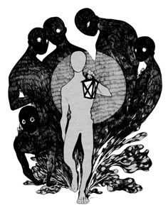 an image of a man holding a lantern surrounded by monsters