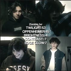 four different pictures of young men in black and white with the caption zombie vr twilight, open heimer, brightnessness4 contrastist - 4 contrastat7 edge glow?