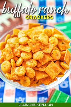 a bowl full of buffalo ranch crackers on top of a checkered table cloth