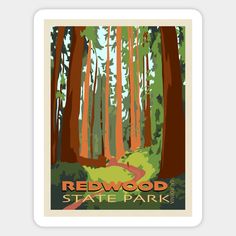 the redwood state park poster is shown in green and red tones, with trees on both sides