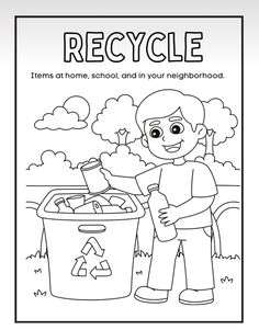 a black and white coloring page with a boy holding a recycling bin in front of it