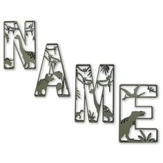 three metal letters that spell out the word name, with animals and plants on them