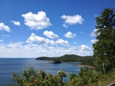 a scenic view of the ocean and trees