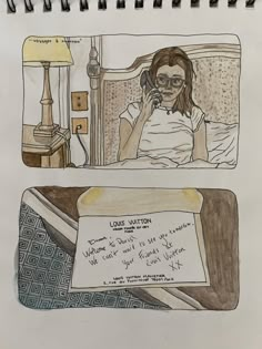 a drawing of a woman in bed talking on the phone and another drawing of a note