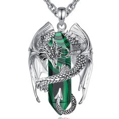 PRICES MAY VARY. 💎 Exquisite Dragon Pendant: Our necklace showcases an exquisite Dragon pendant adorned with a mesmerizing Malachite gemstone. This combination of the mythical dragon and the vibrant green hues of Malachite creates a striking and elegant accessory. 💎 Malachite Stone: Malachite is renowned for its rich green color and unique banding patterns, making each stone one-of-a-kind. It is believed to promote transformation, growth, and protection, making it an ideal choice for those see Silver Fantasy Crystal Necklace Gift, Silver Crystal Necklace For Gift In Fantasy Style, Viking Gifts, Ancient Dragon, Creative Necklace, Crystal Dragon, Dragon Necklace, Malachite Stone, Green Hues